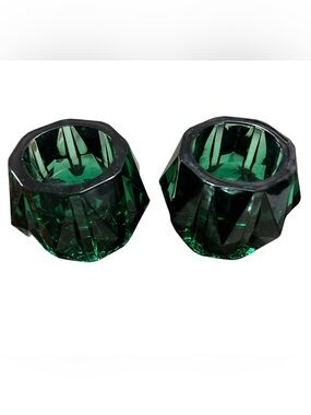 Vtg Emerald Green Faceted Crystal Votive Candle Holders Pair Italian Art Glass
